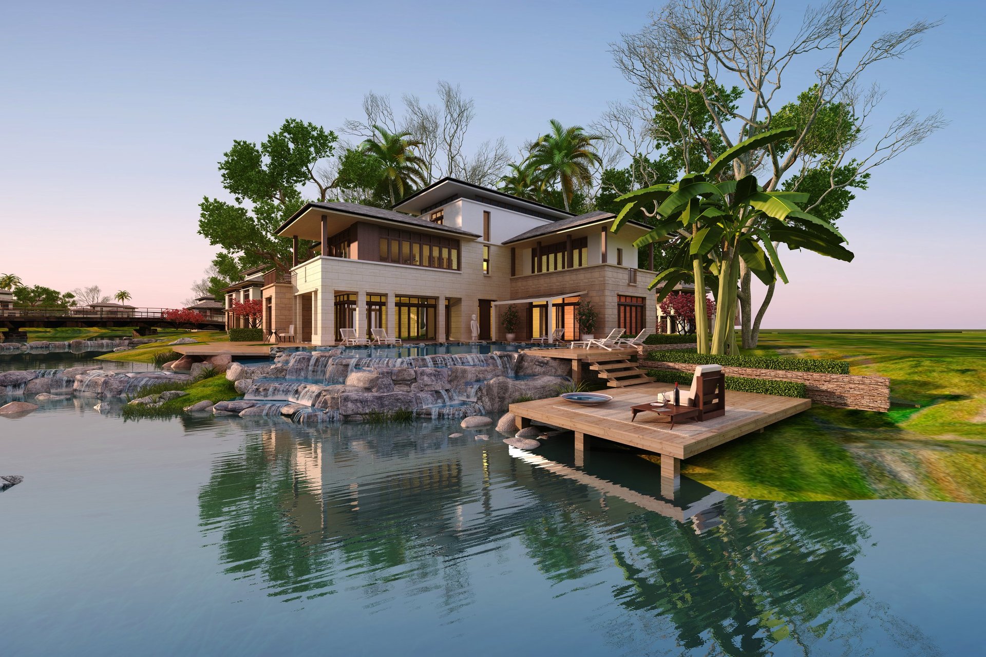 3D render lake villa house