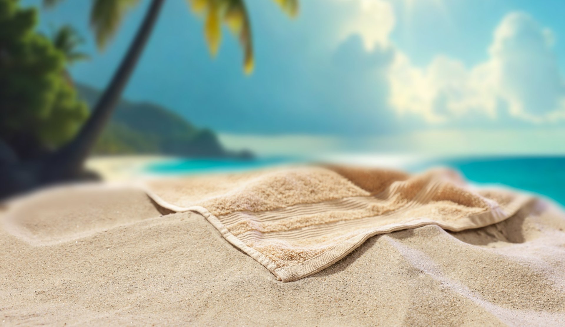 A colorful beach towel lies on warm sand with open space, with the calm sea and blue sky in the background creating a classic summer beach scene