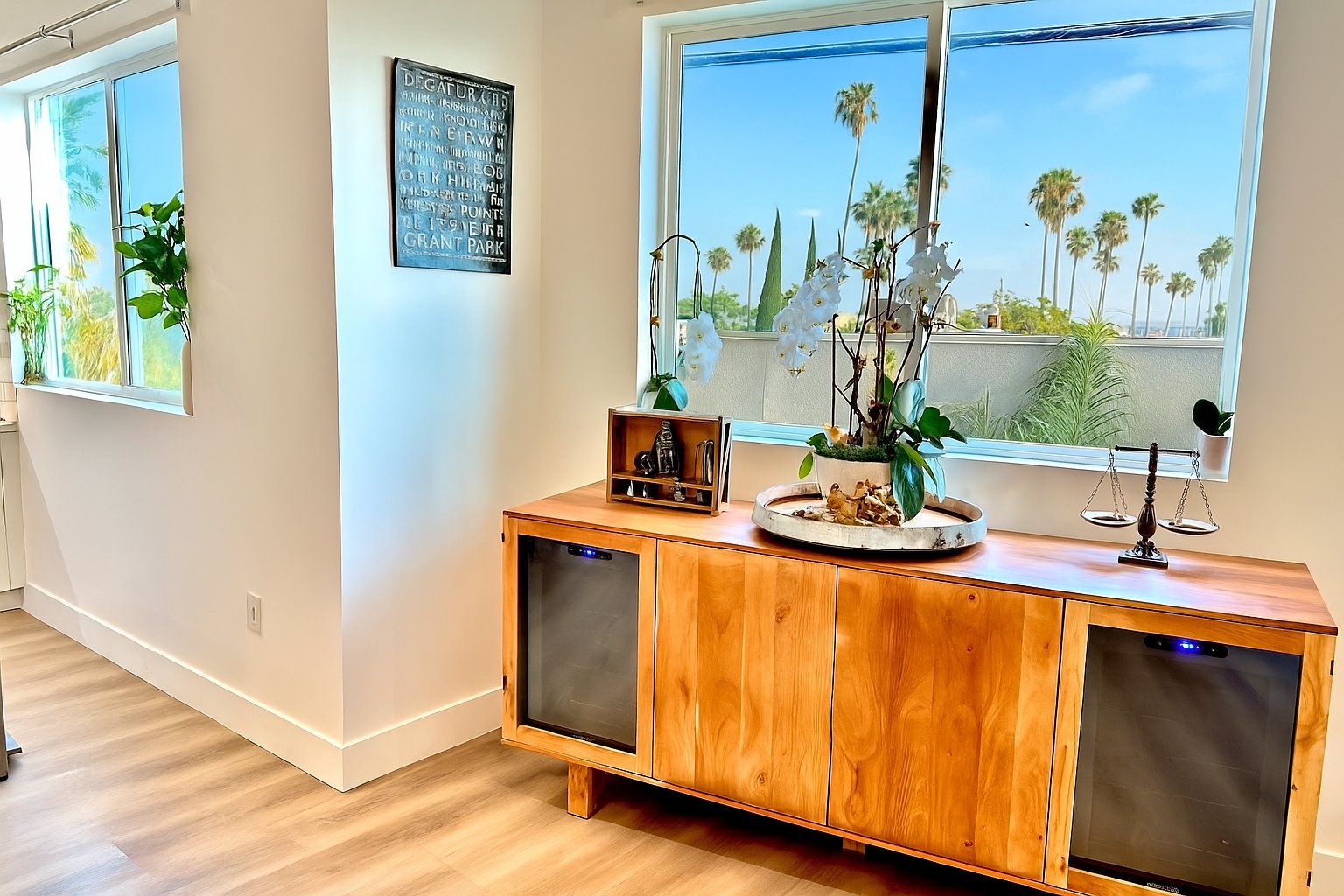 Modern wooden console table with dark panels and potted plants near large windows overlooking palm trees and city skyline