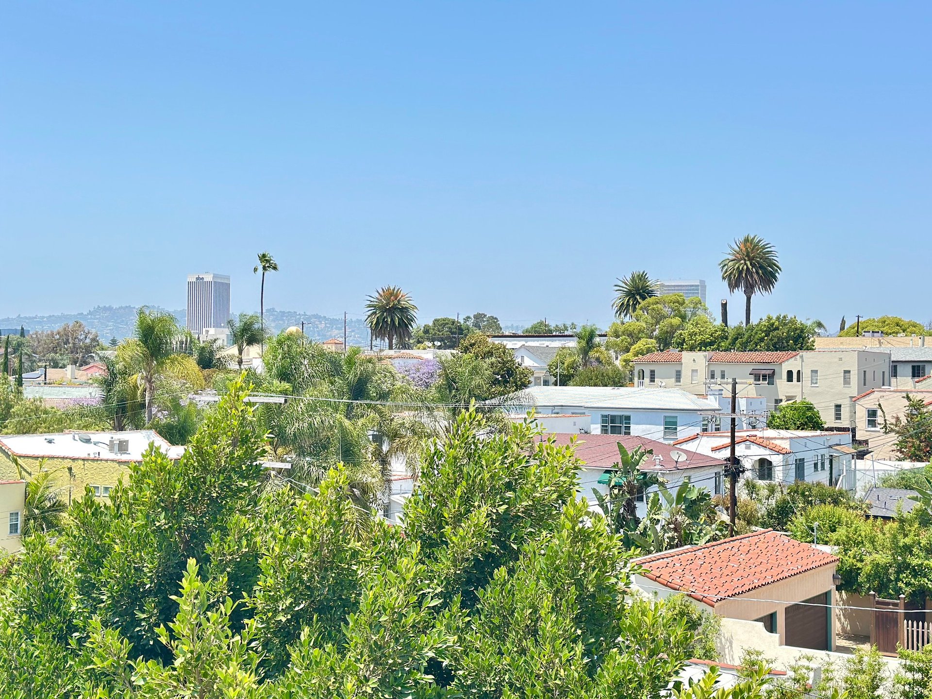 Suburban Los Angeles neighborhood with residential buildings, palm trees, green vegetation, and city skyline under blue sky